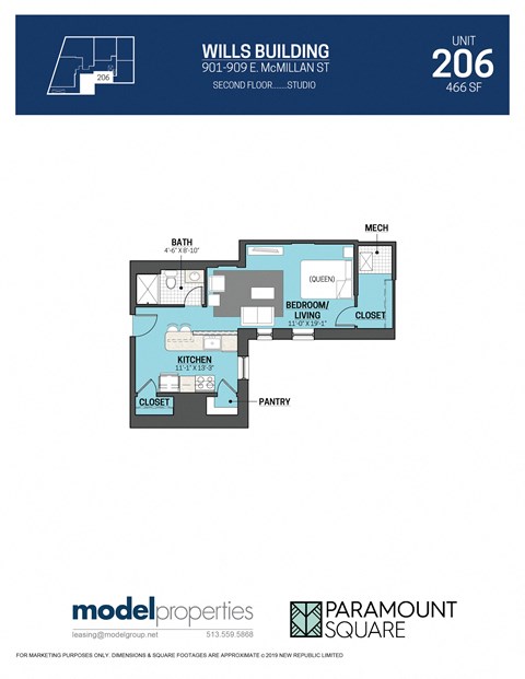 Floor plan for studio, 1 bath, 466 sqft